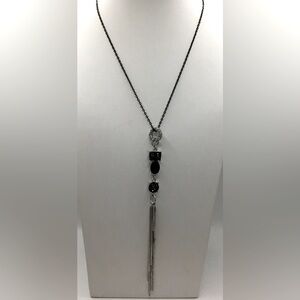 SILVERTONE RHINESTONE BLACK FLECK LONG LARIAT NECKLACE